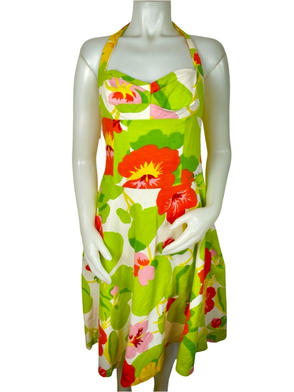 Miss Sixty Hibiscus Lime Green Floral Halter Dress - Picture 2 of 9